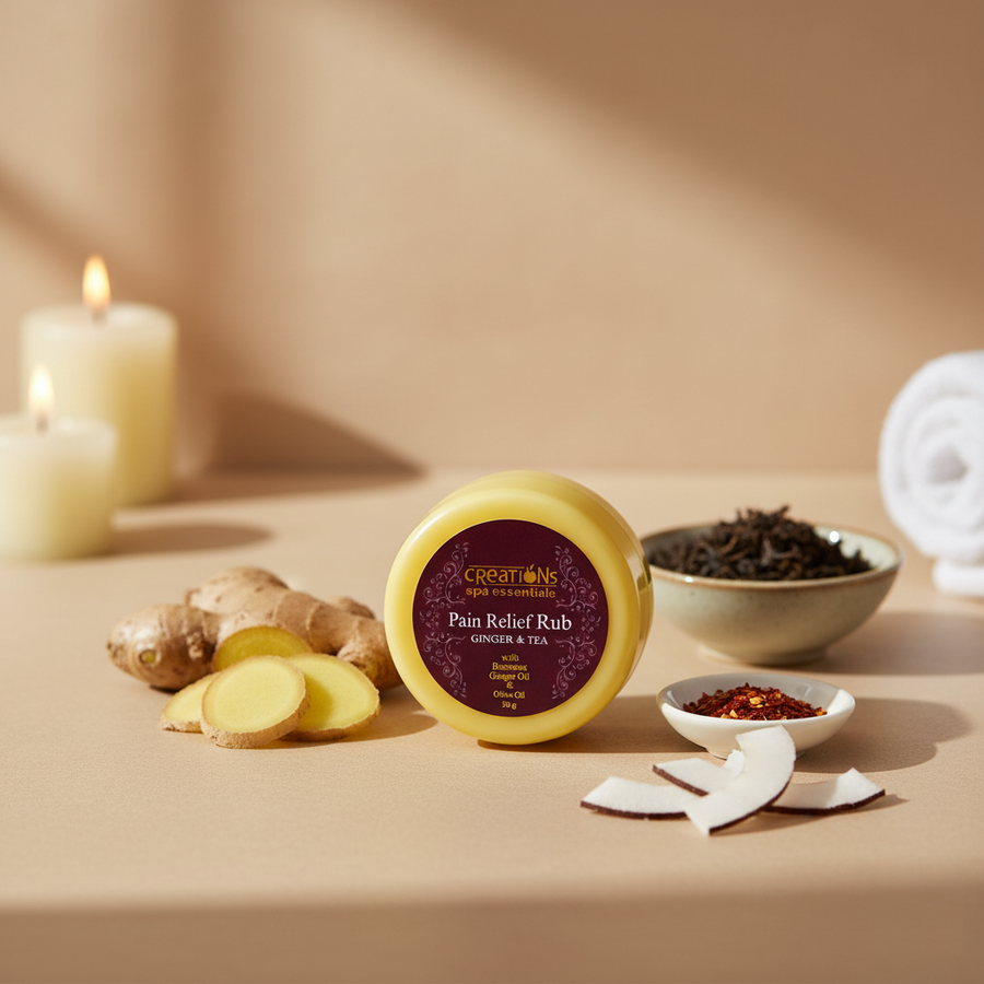 Creations Spa Essentials Pain Relief Rub – GINGER & TEA (Herbal) | Anti-Inflammatory & Circulation Boosting Balm (50 g)